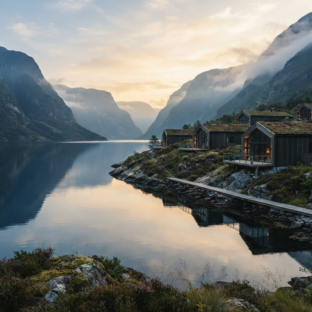A calm Scandinavian fjord at golden hour